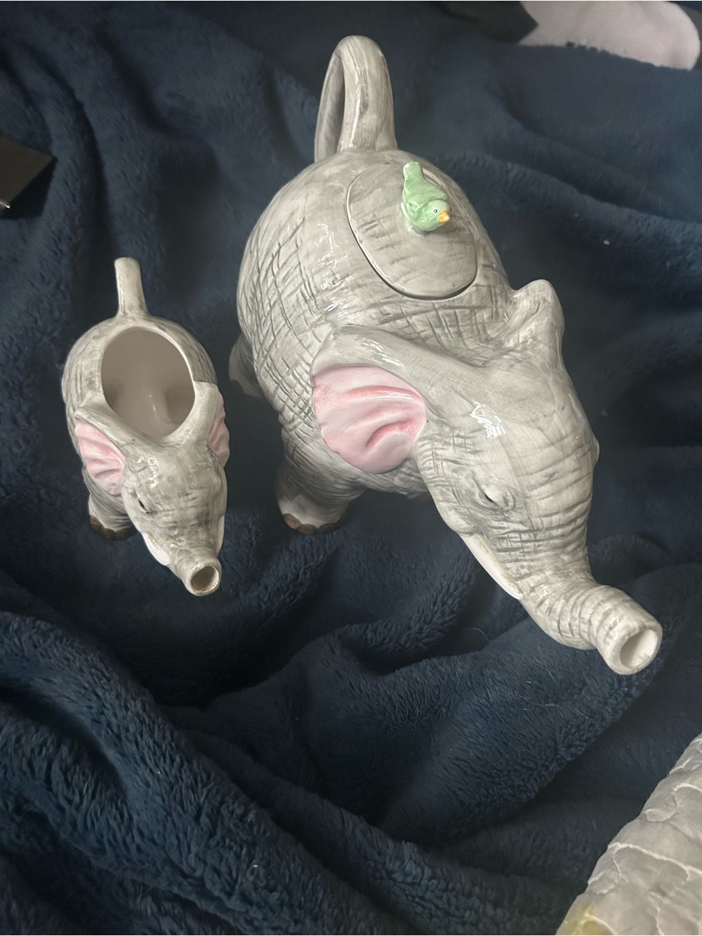 Gray Ceramic Elephant Teapot and Creamer Set with Pink Ears